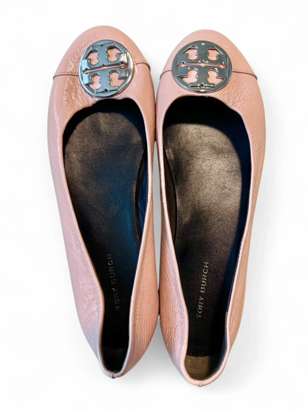 Tory Burch Chelsea Cap-Toe Leather Ballet Flats Shell Pink Silver Logo Size 6.5
